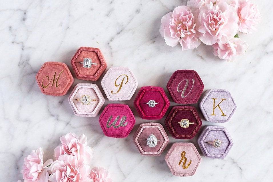 monogrammed pink and purple engagement ring boxes