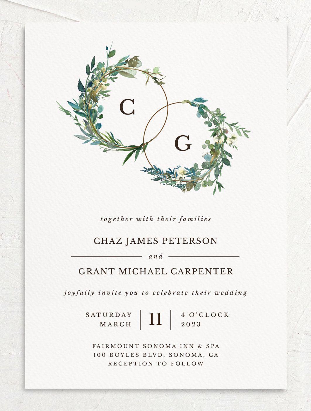 rustic spring wedding invitation with greenery watercolor design and monograms