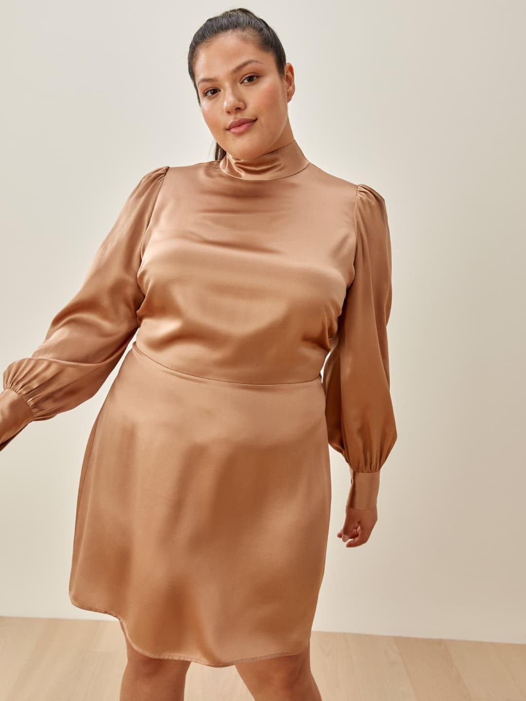 Beige silk long-sleeve dress