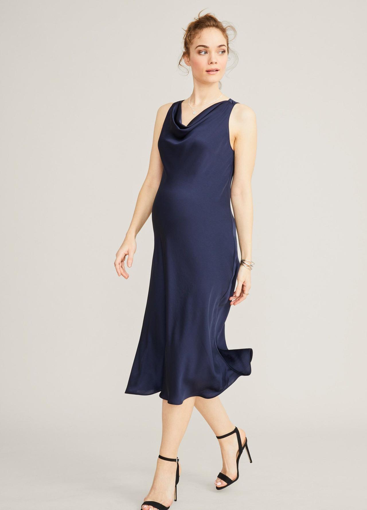 Satin midi dress with cowl neck in navy