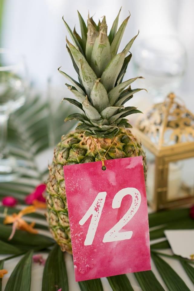beach wedding table number pineapple decorated with pink ombre card