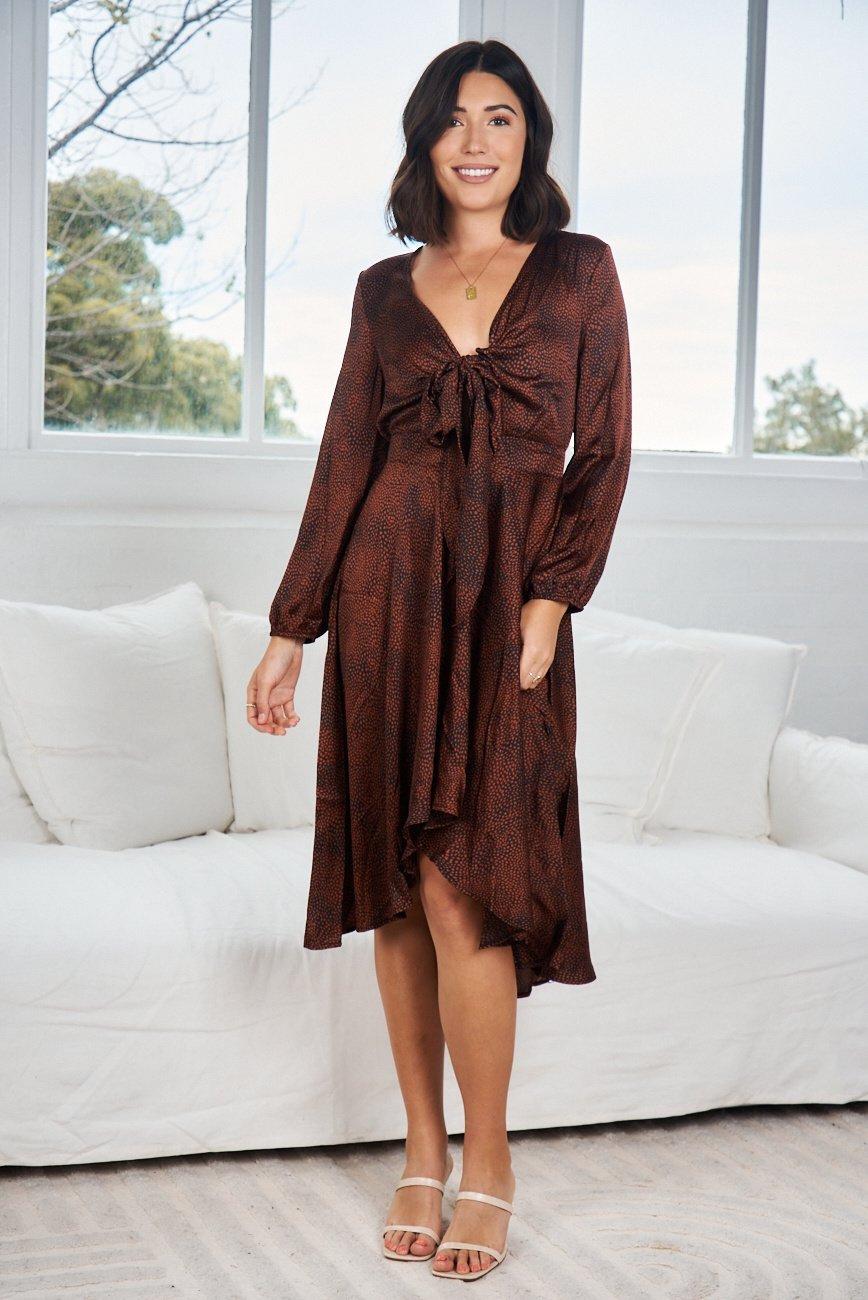 Bronze-hued midi fall wedding guest dress with long sleeves