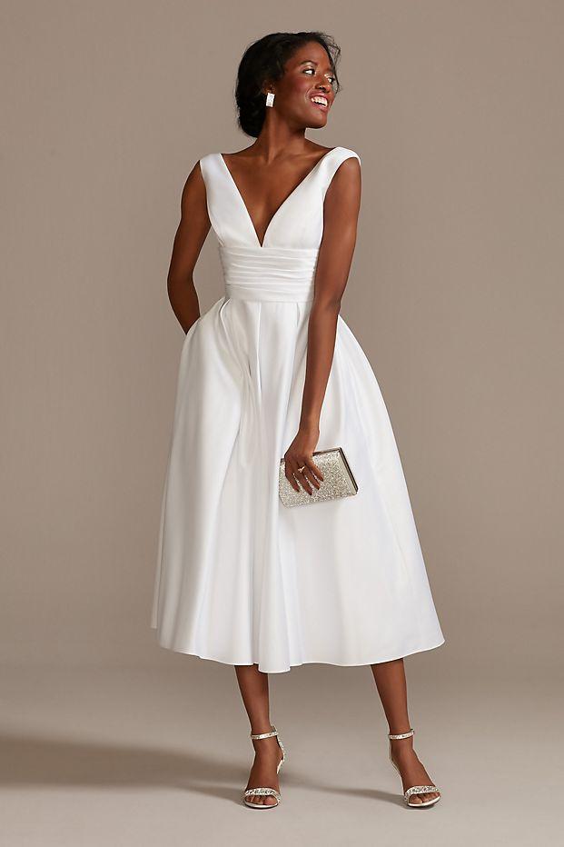 classic courthouse wedding dress tea-length skirt with deep-v neckline and pleated waist