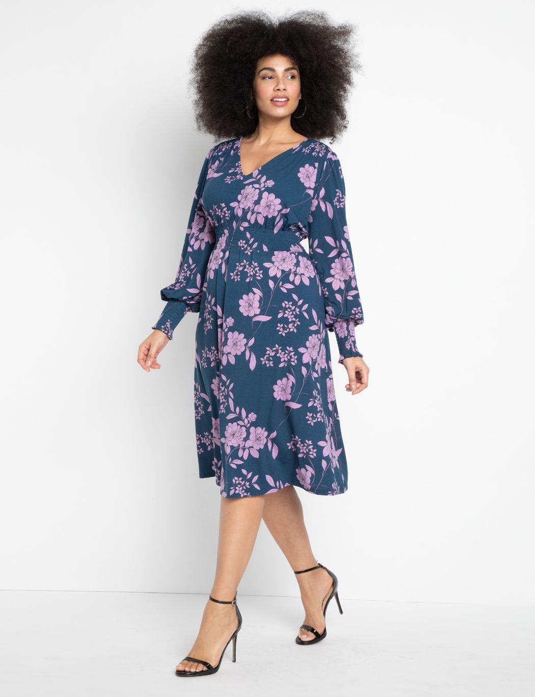 Navy floral long-sleeve dress