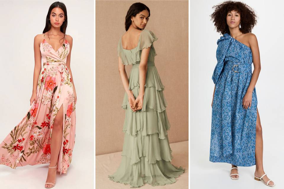 Collage of three spring wedding guest dresses
