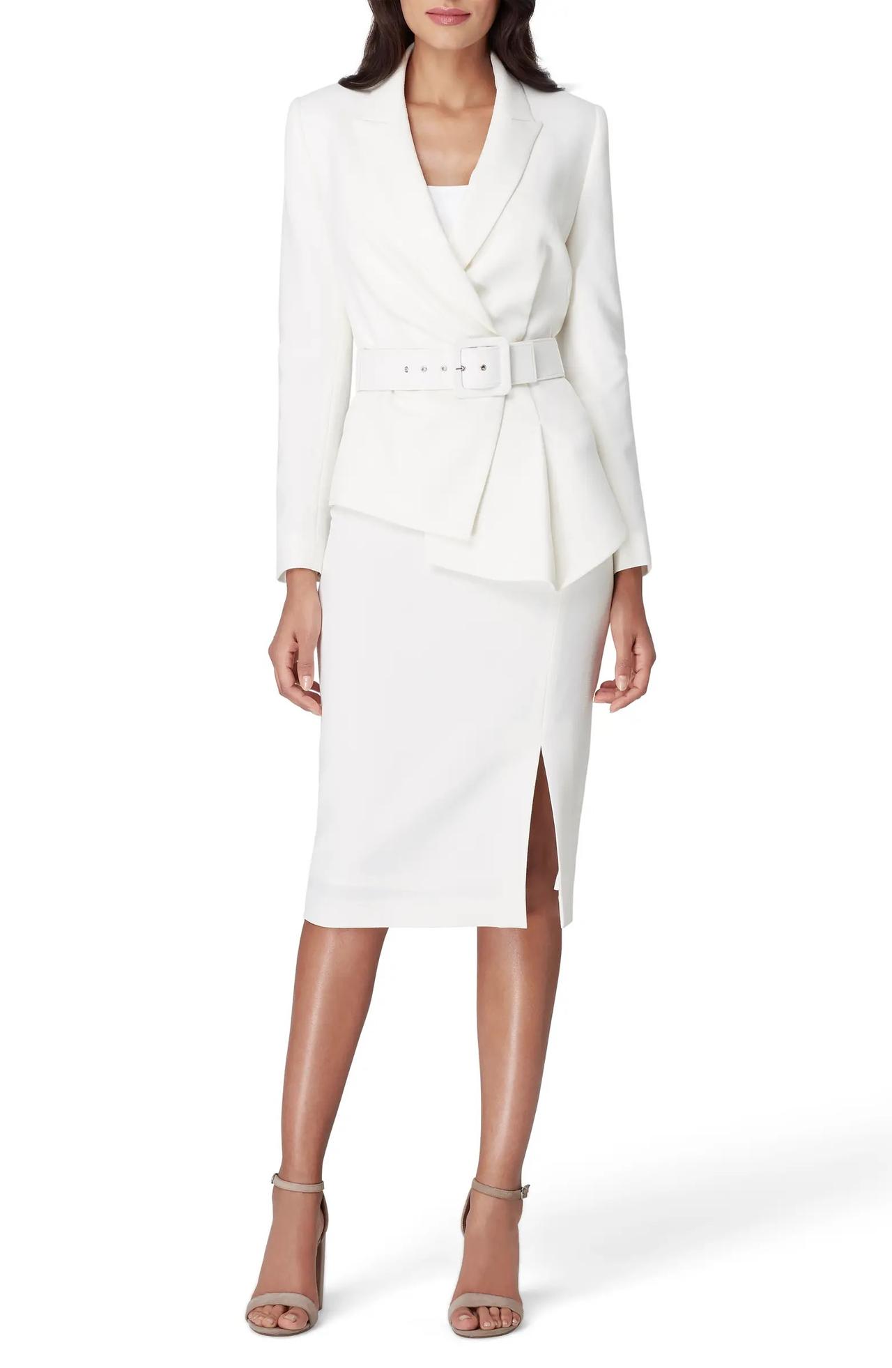 White skirt and blazer rehearsal dinner outfit