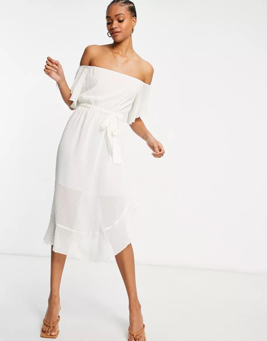 casual courthouse wedding dress with off-the-shoulder neckline and Swiss dot fabric