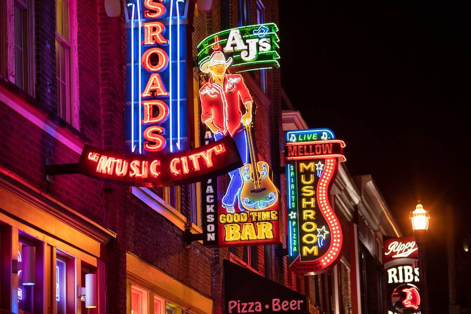 Neon signs on Honky Tonk Row in Nashville