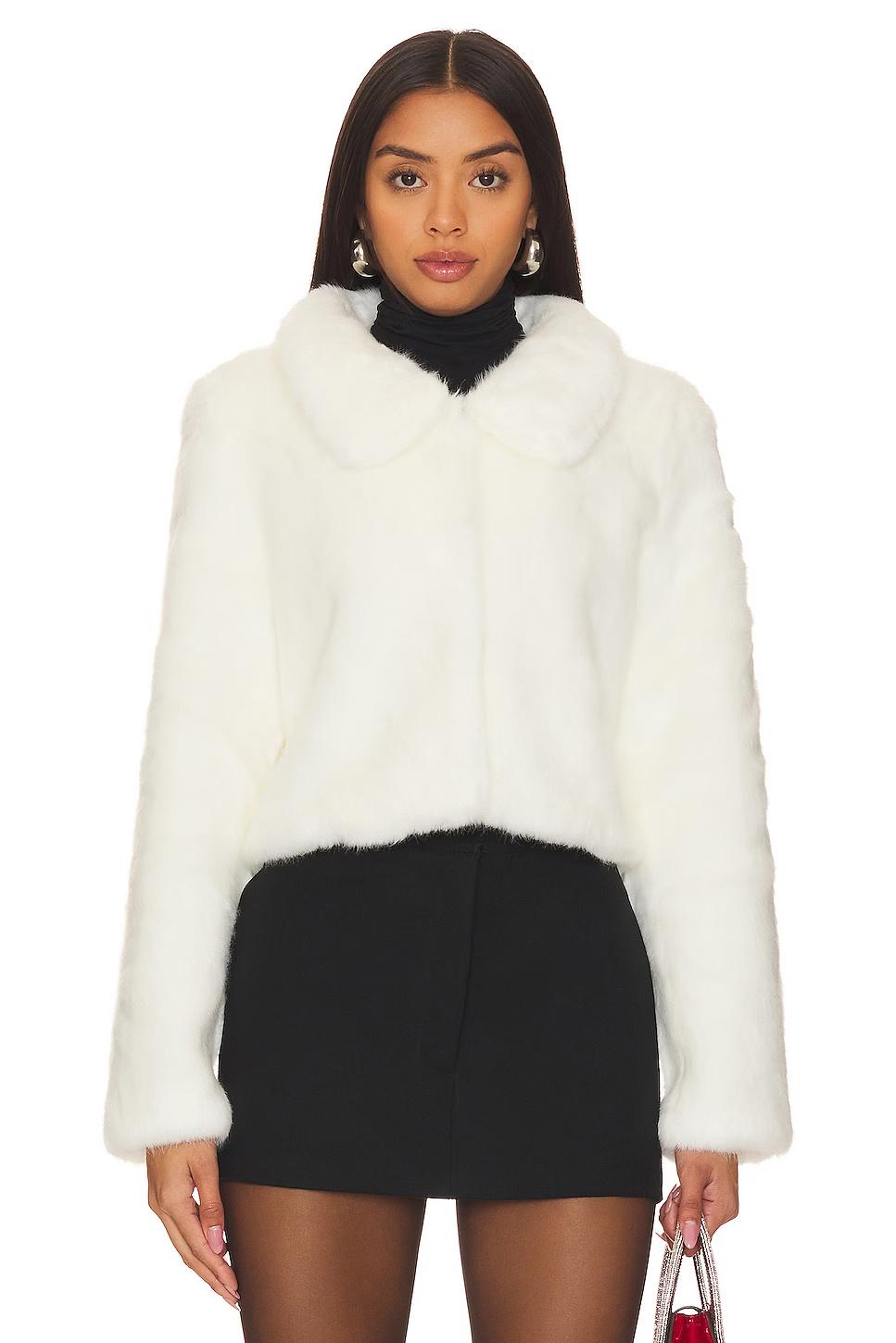 cropped ivory faux fur bridal jacket with long sleeves