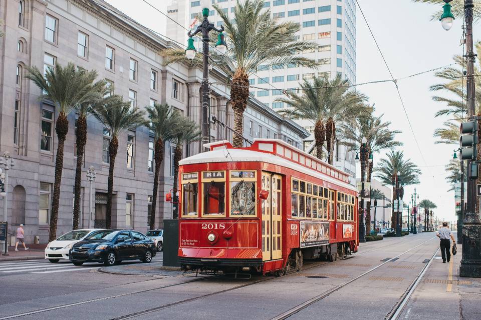 Red New Orleans streetcar 