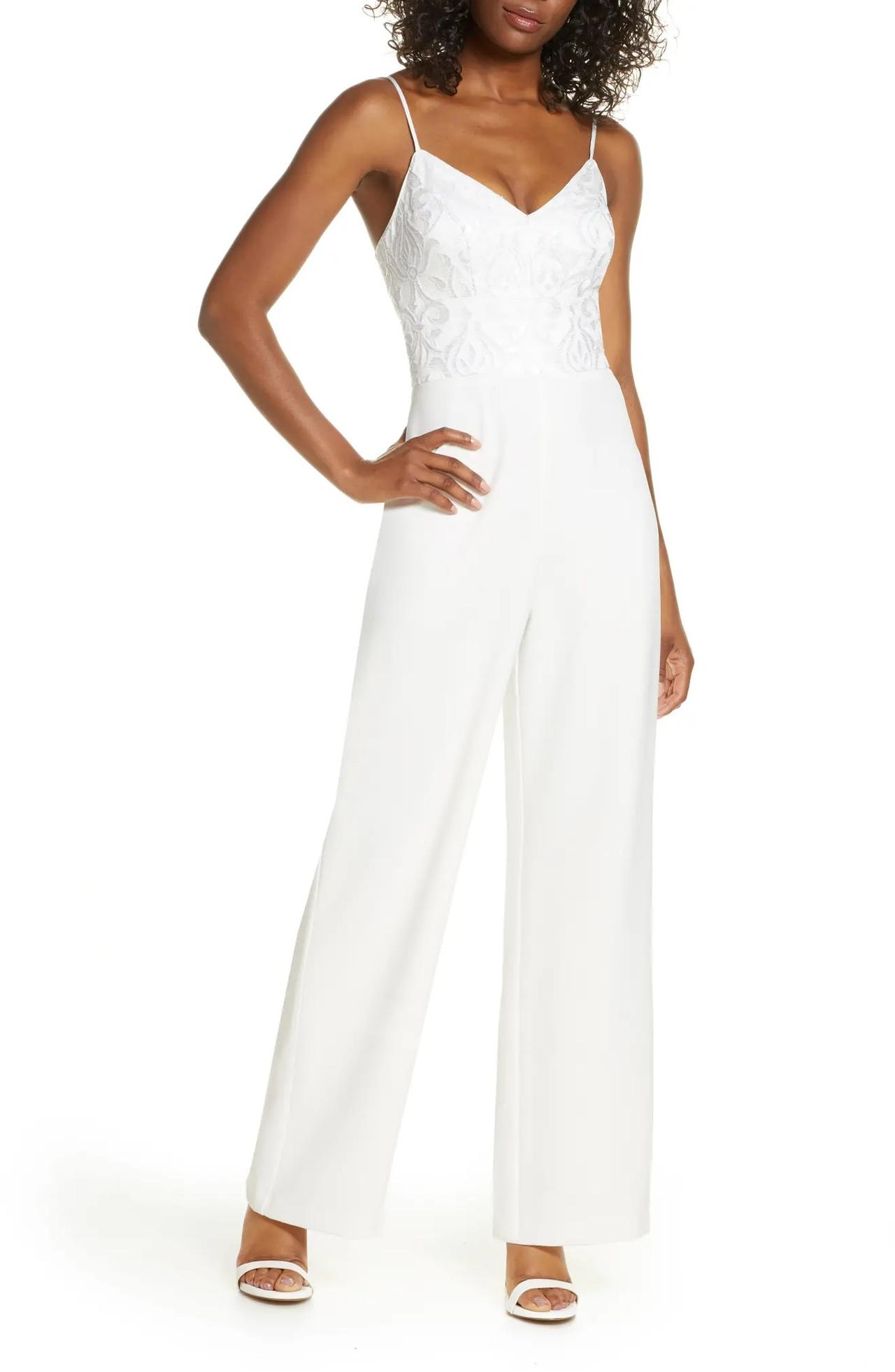 White spaghetti strap rehearsal dinner jumpsuit