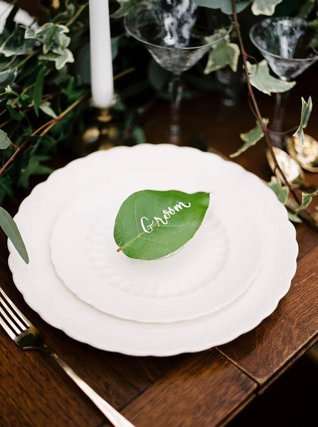 tropical greenery wedding place cards