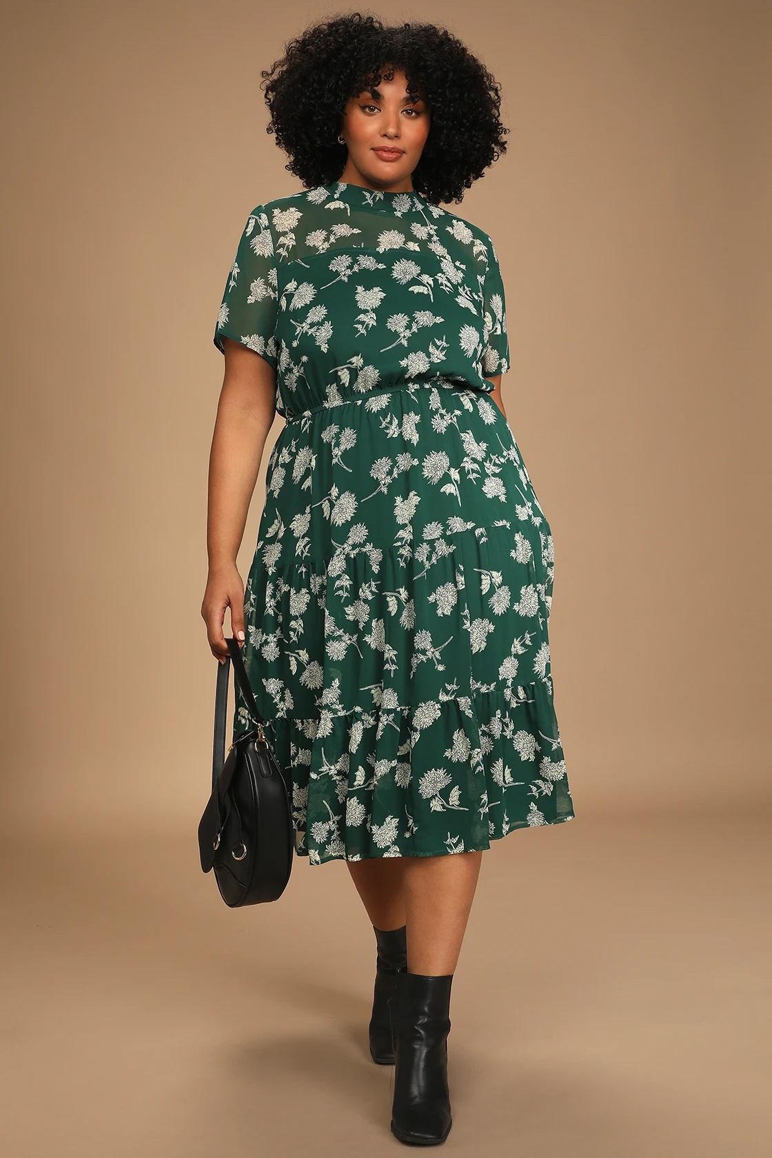 Green floral midi spring wedding guest dress