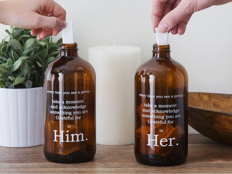 Gratitude note jars with 'Him' and 'Her' on front