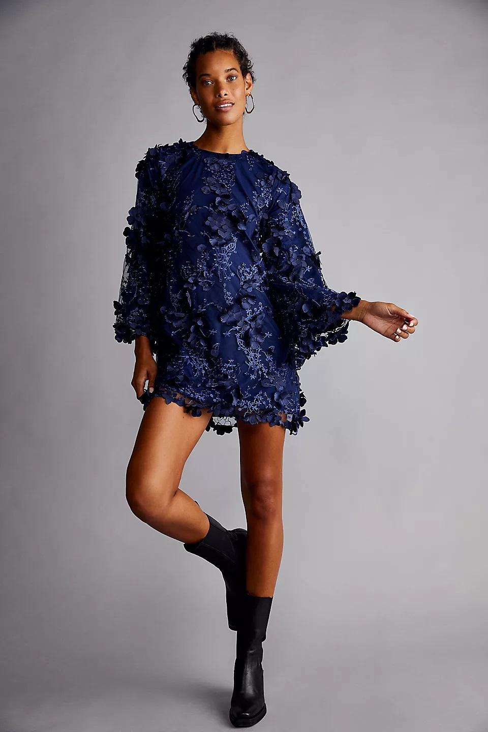 Unique navy mini dress embellished with floral details