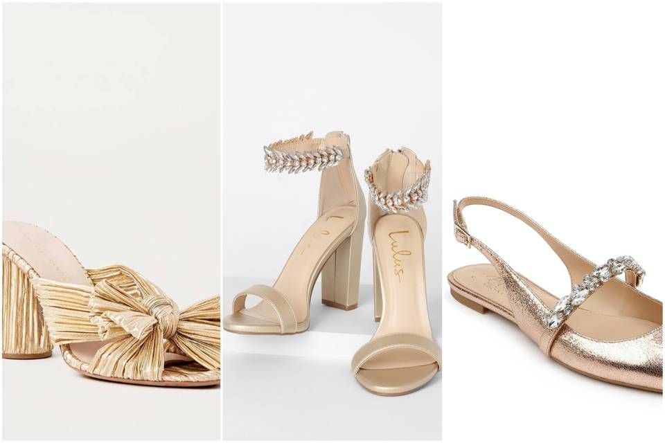 collage of gold wedding shoes