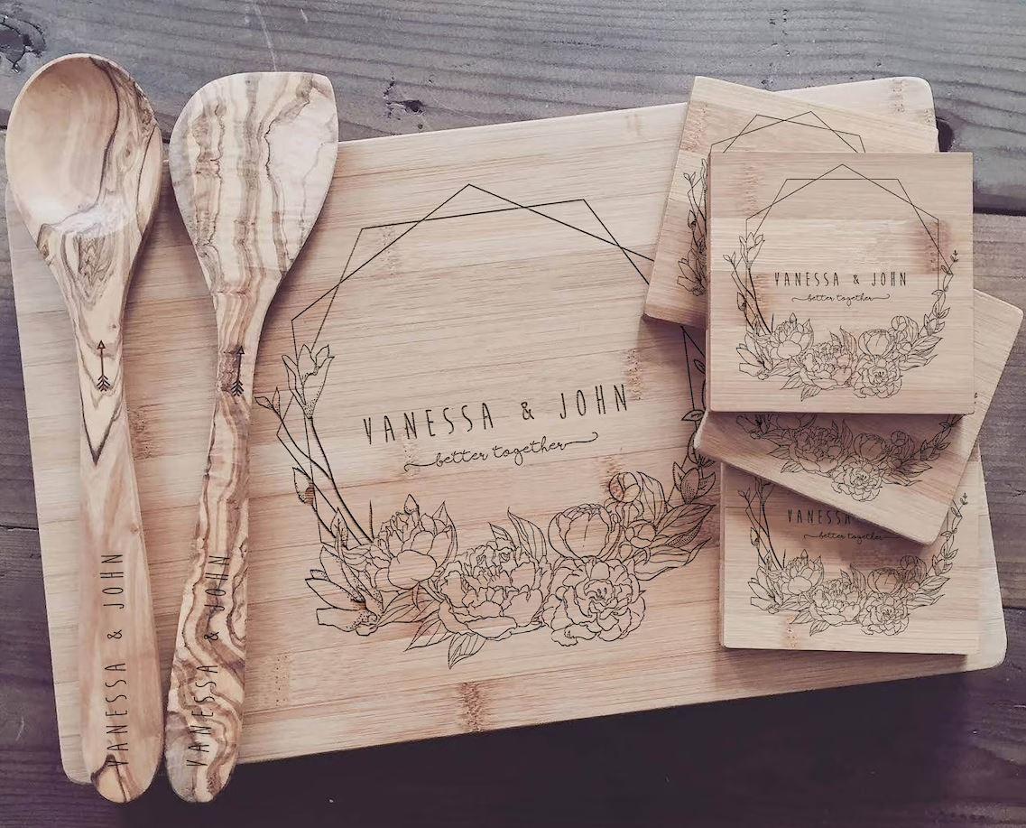 Personalized wooden cutting board, spoons, and coasters fifth anniversary gift set