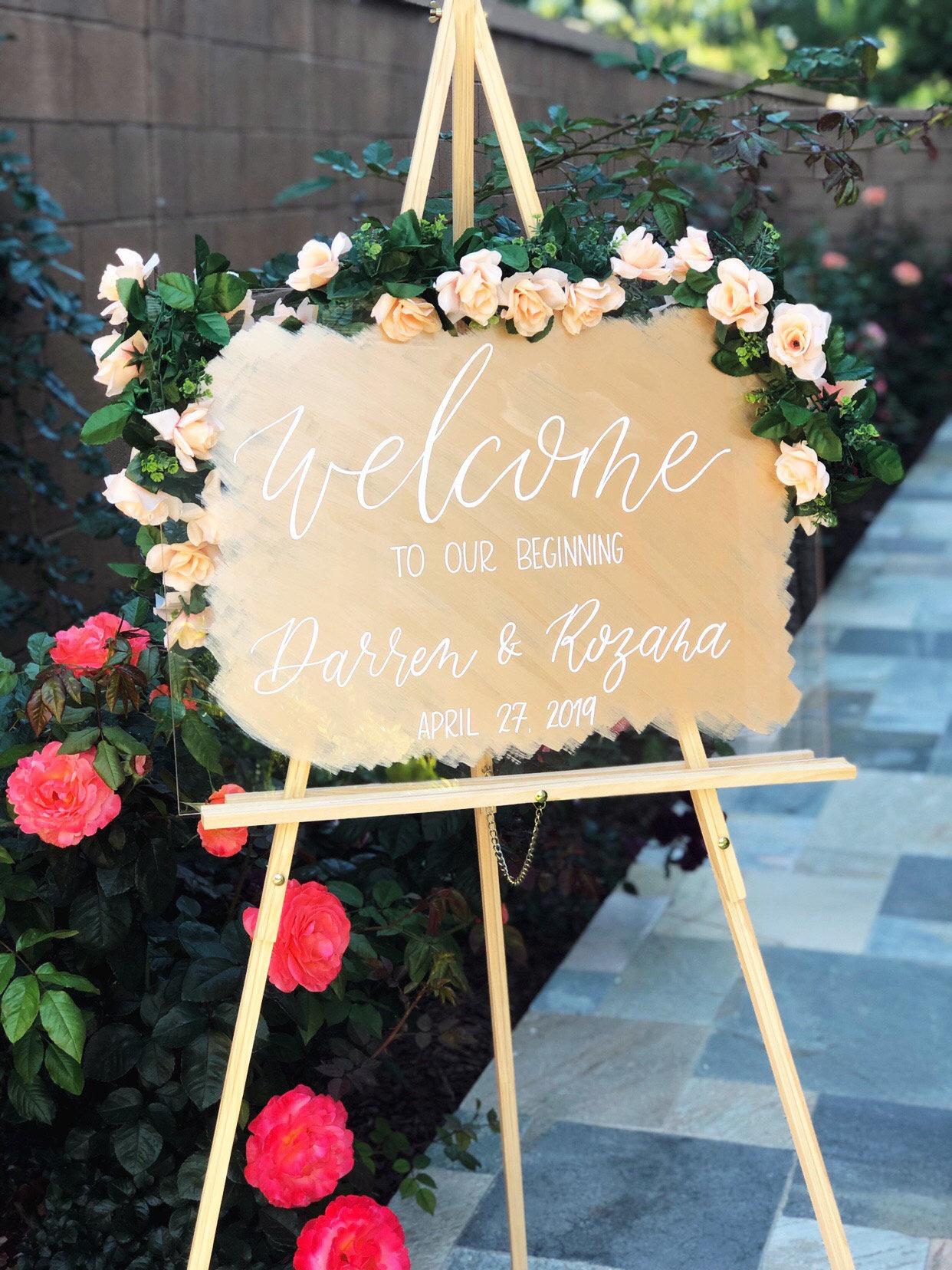 Wooden welcome sign  hand lettered and painted wedding or event