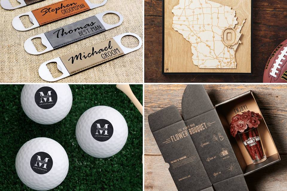Collage of four groomsmen gift ideas including bottle openers, stadium map, golf balls, meat bouquet
