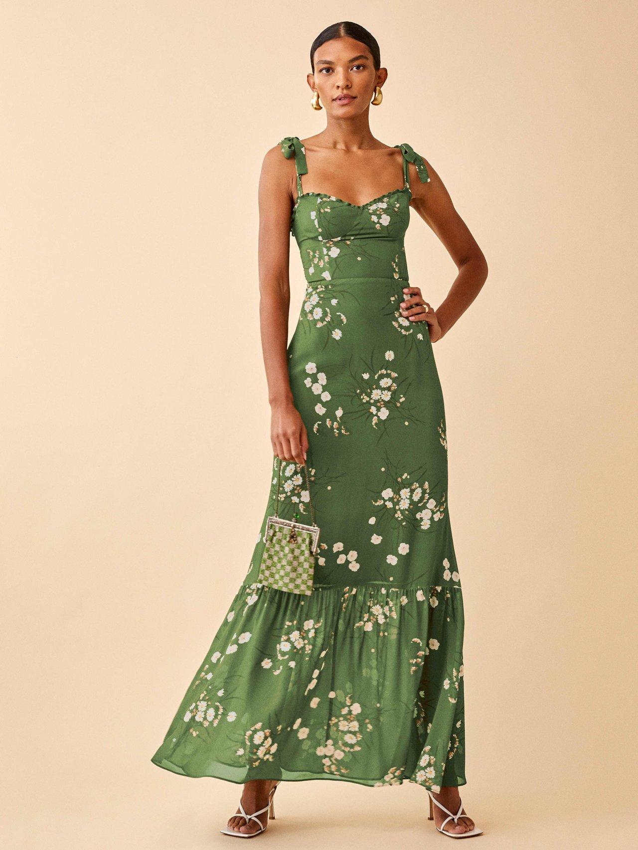 Green floral maxi spring wedding guest dress