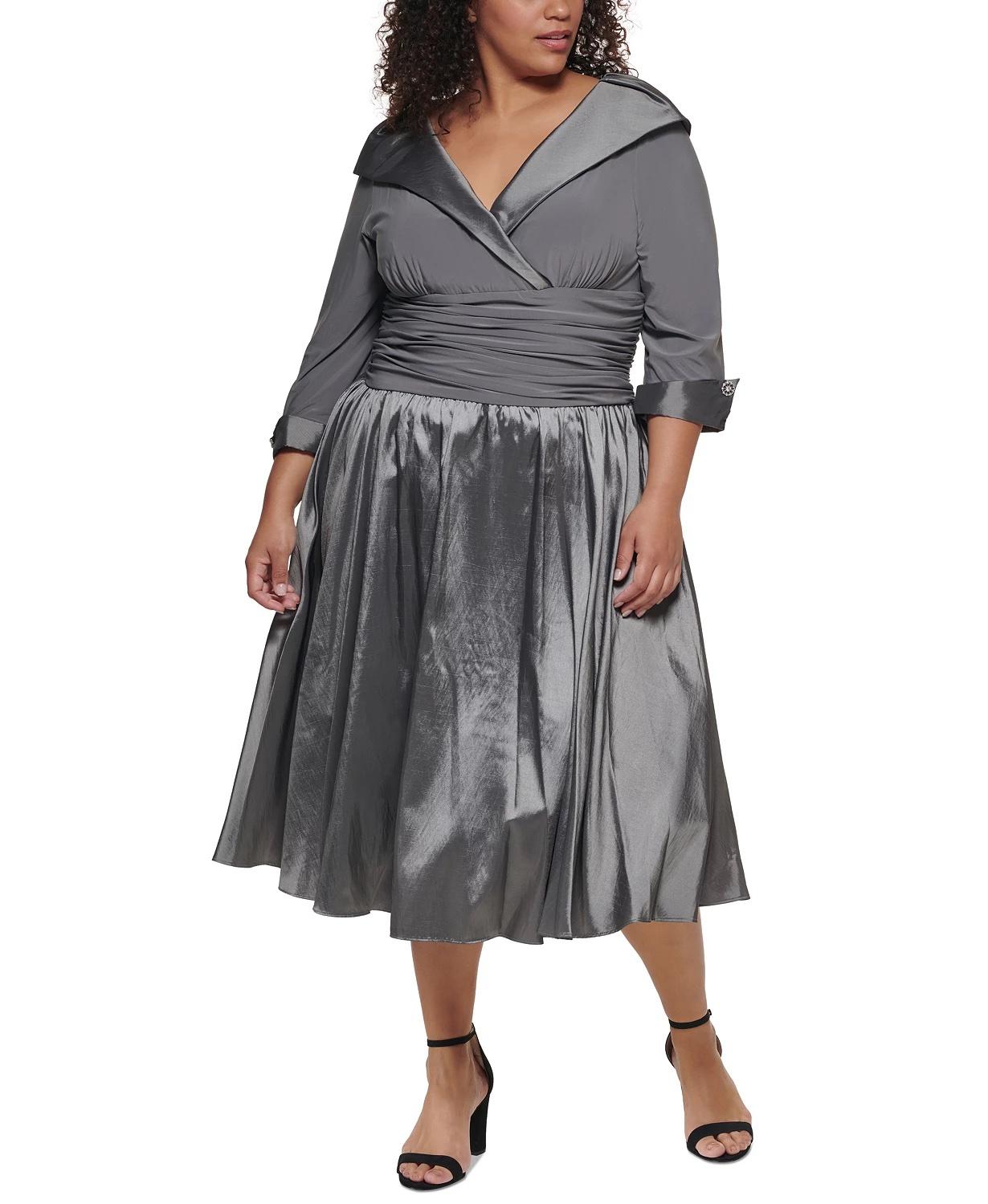 Gray satin knee length A-line dress with waist wrap and collar