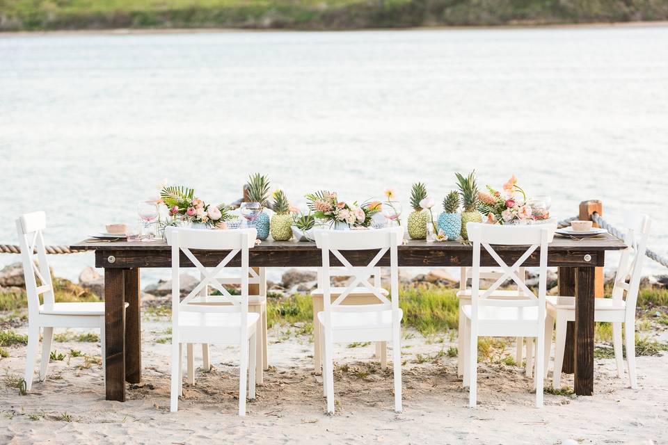 long banquet table next to lake with white wooden x-back chairs and painted blue and green pineapples in a line down the center of the table
