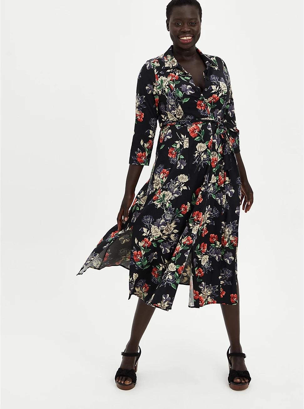 Black floral shirt dress casual fall wedding guest dress