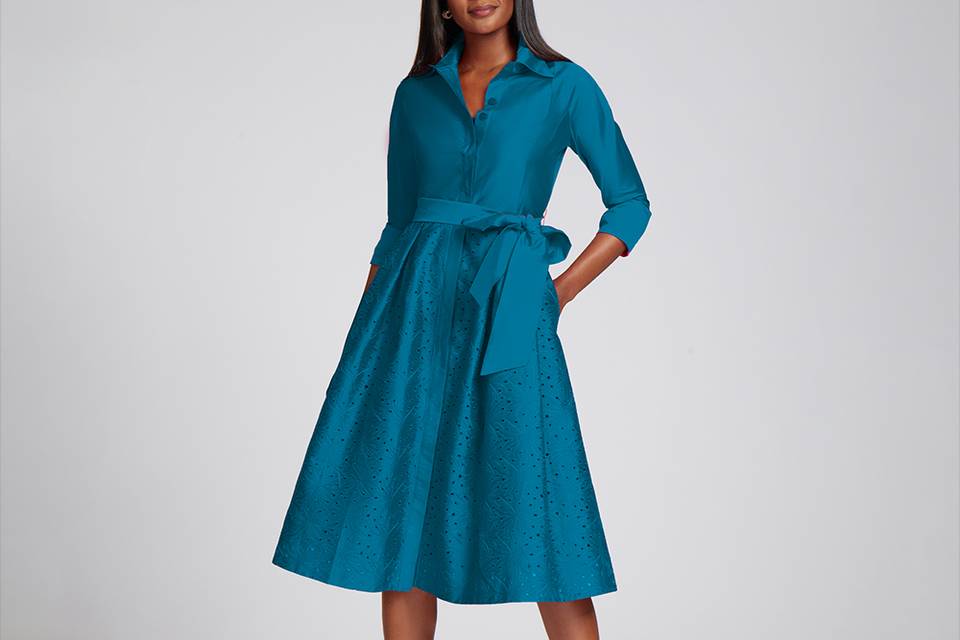 Teal long sleeve eyelet dress with tie belt and collar