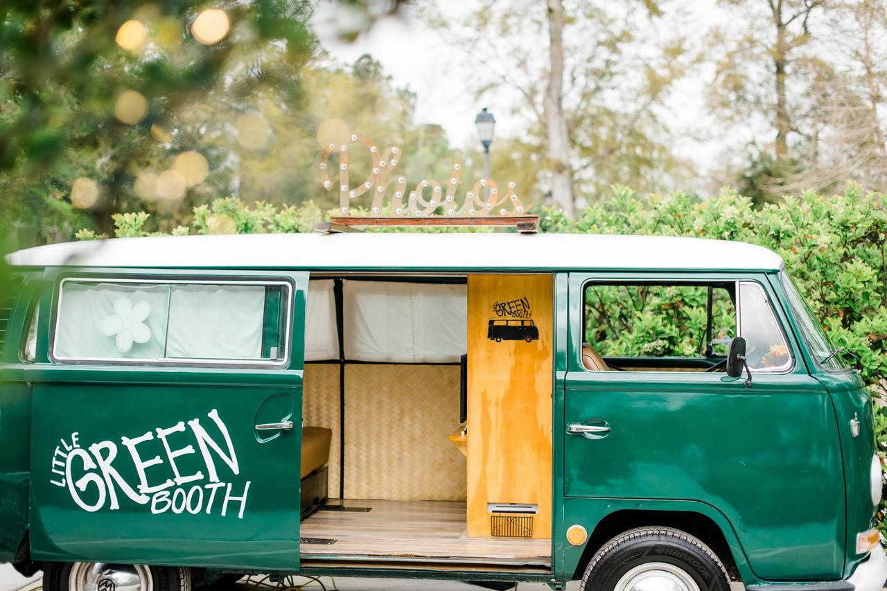 vintage green VW bus transformed into photo booth