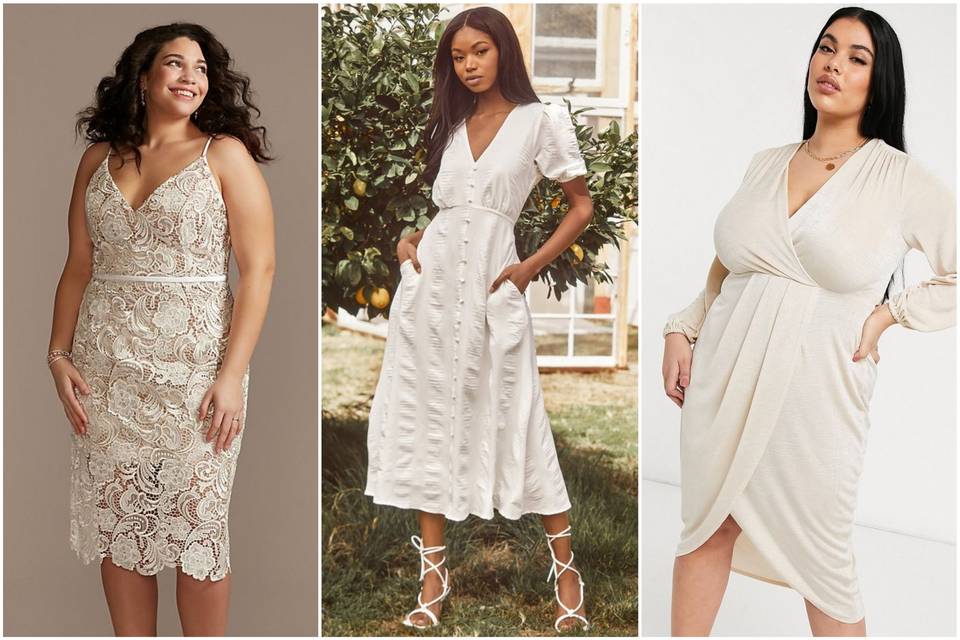 three models wearing engagement party dresses in ivory colors