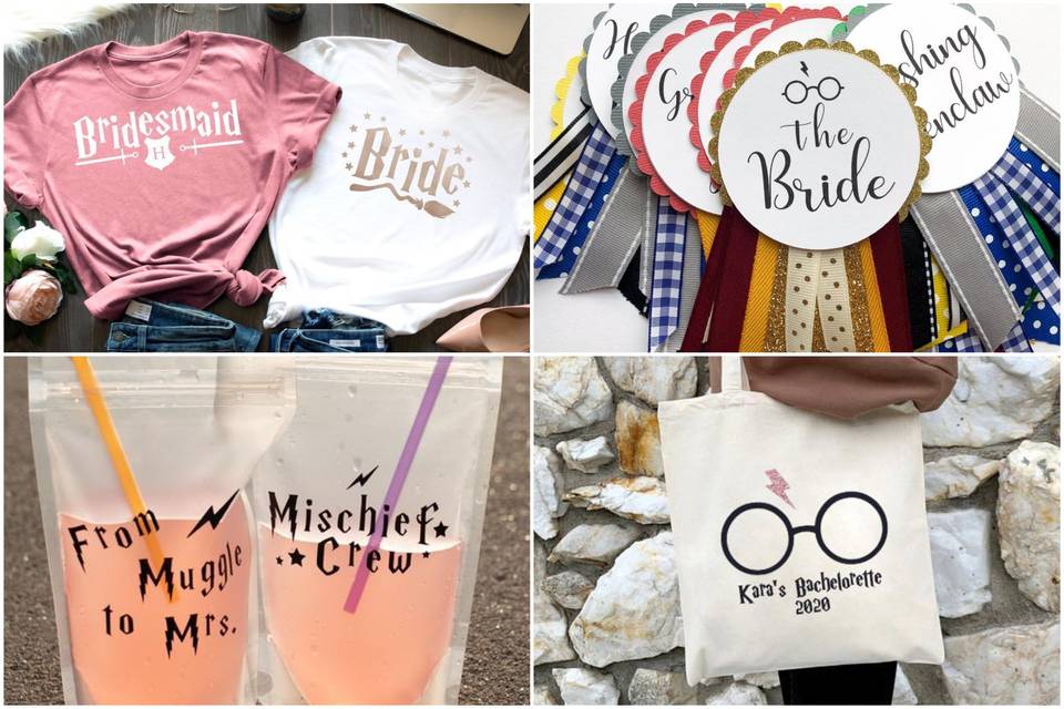 collage of four different harry potter bachelorette party ideas including reusable drink pouches, tote bag, badges, and t-shirts