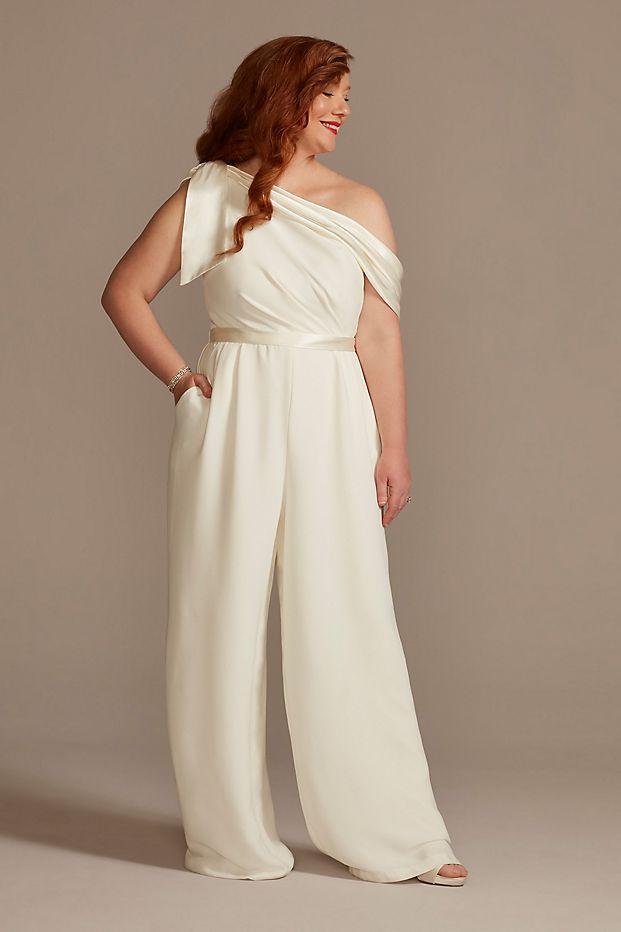 david's bridal white one shoulder jumpsuit with shoulder bow ribbon waistline ruched chest and wide leg pants for wedding after party outfit 