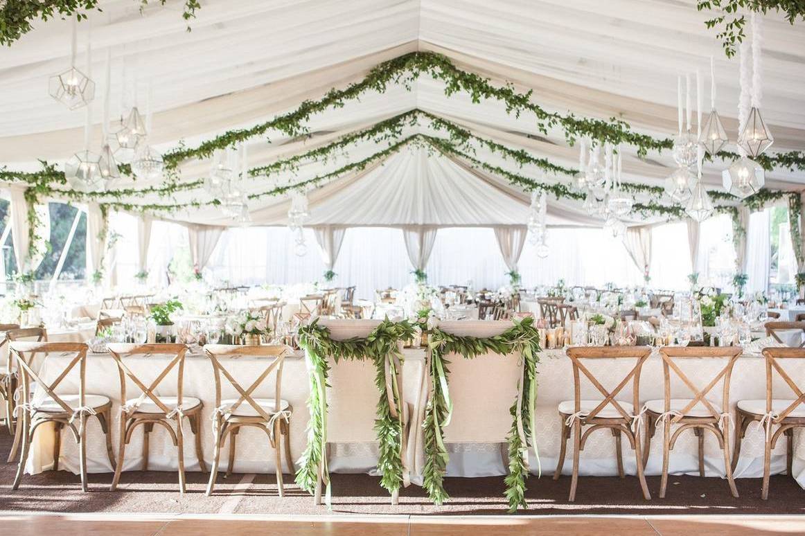 Outdoor, Tropical Wedding Reception Table With Hanging Greenery