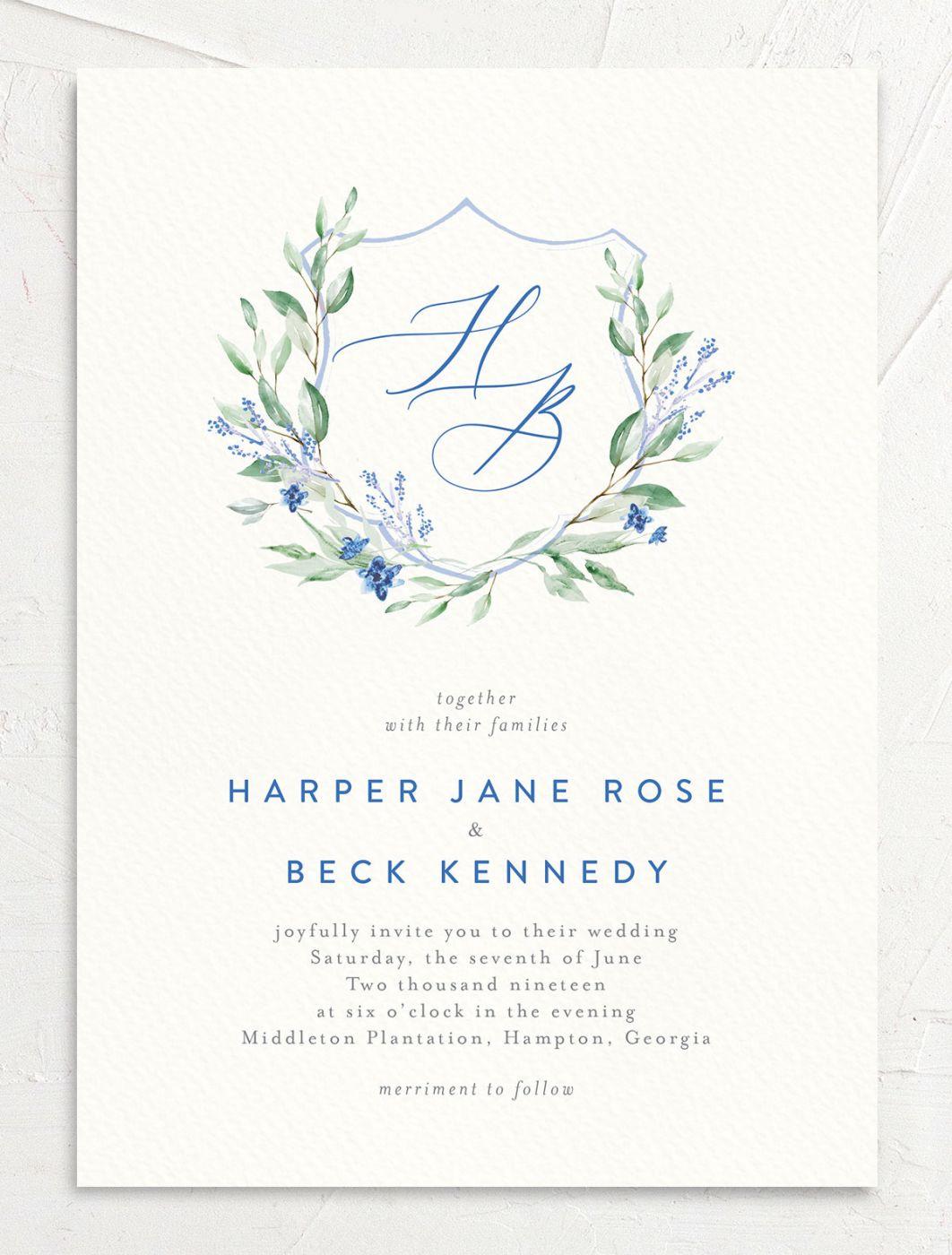 Classic Monogram Dusty Blue Watercolor Wedding Invitation