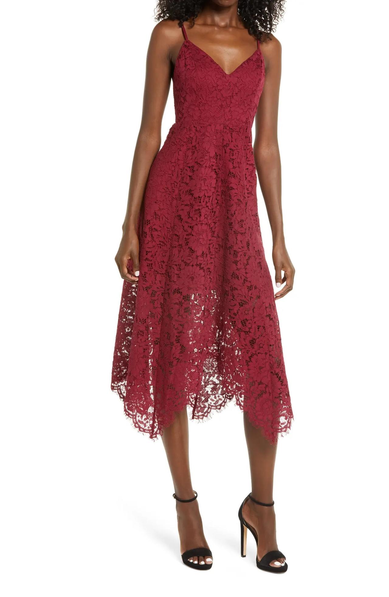 Burgundy lace rehearsal dinner dress