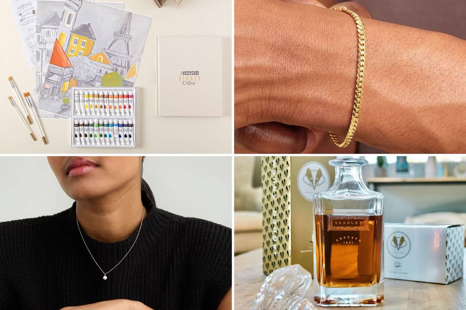 Collage of four of the best one-year anniversary gift ideas including date night subscription set, gold bracelet, pearl necklace and whiskey decanter