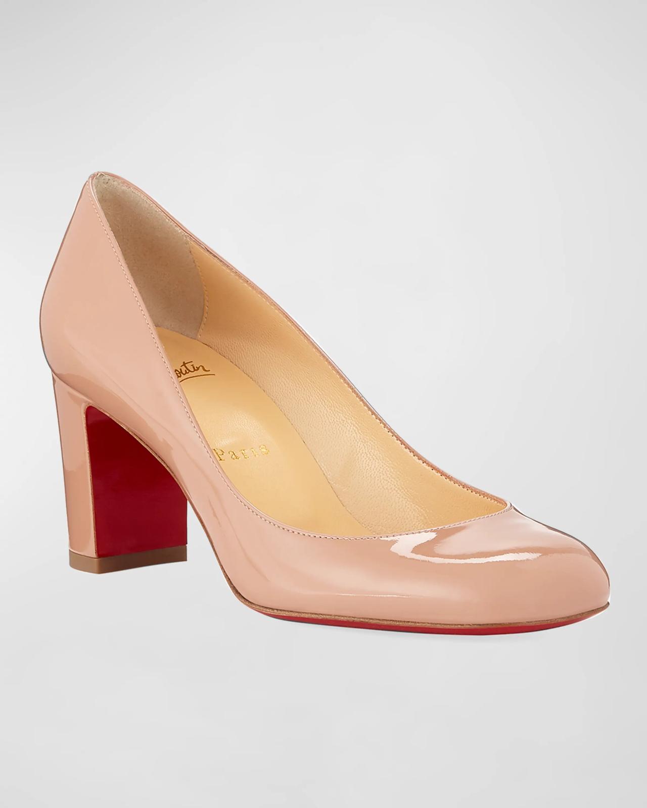 nude colored christian louboutin block heel pump with red sole