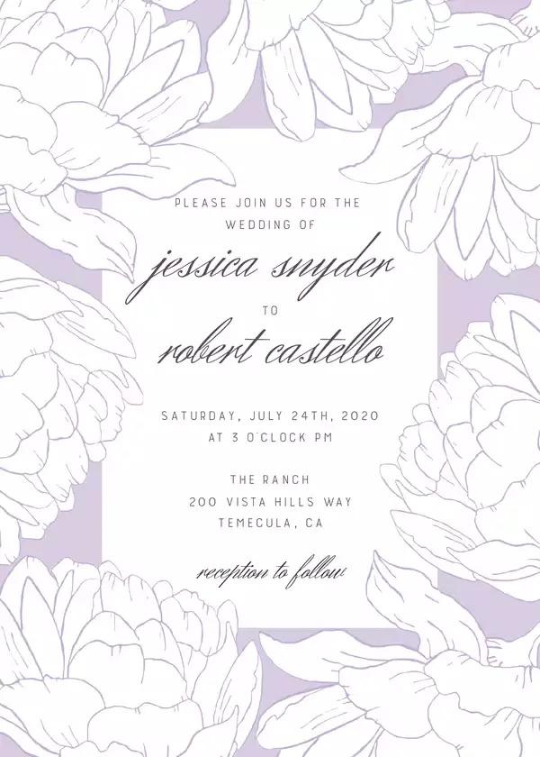 romantic spring wedding invitation with lavender background and peony print