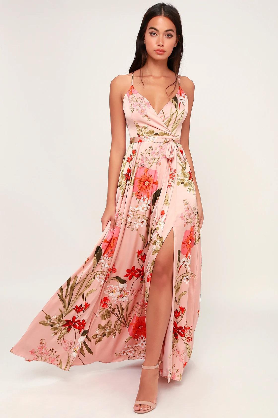 Formal pink floral maxi spring wedding guest dress