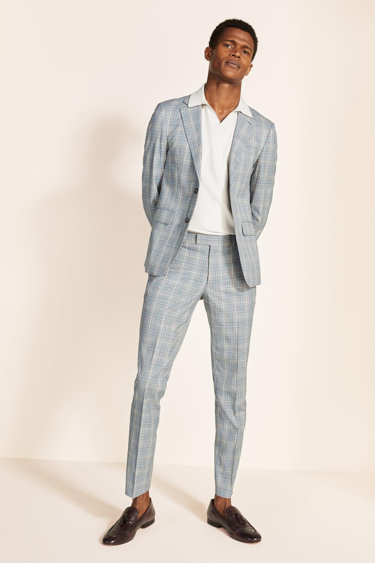 Light blue plaid rehearsal dinner guest suit