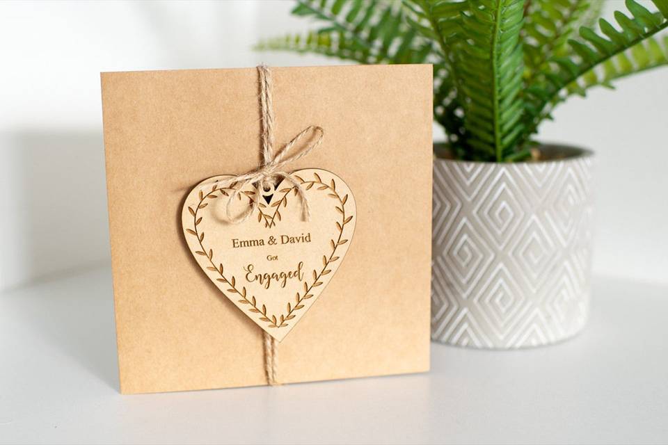 Square card with twine and wooden personalized heart