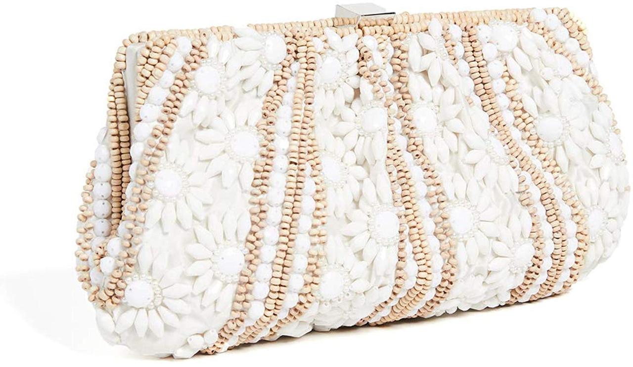 La Regale White Satin Pearl Beaded Clutch Purse