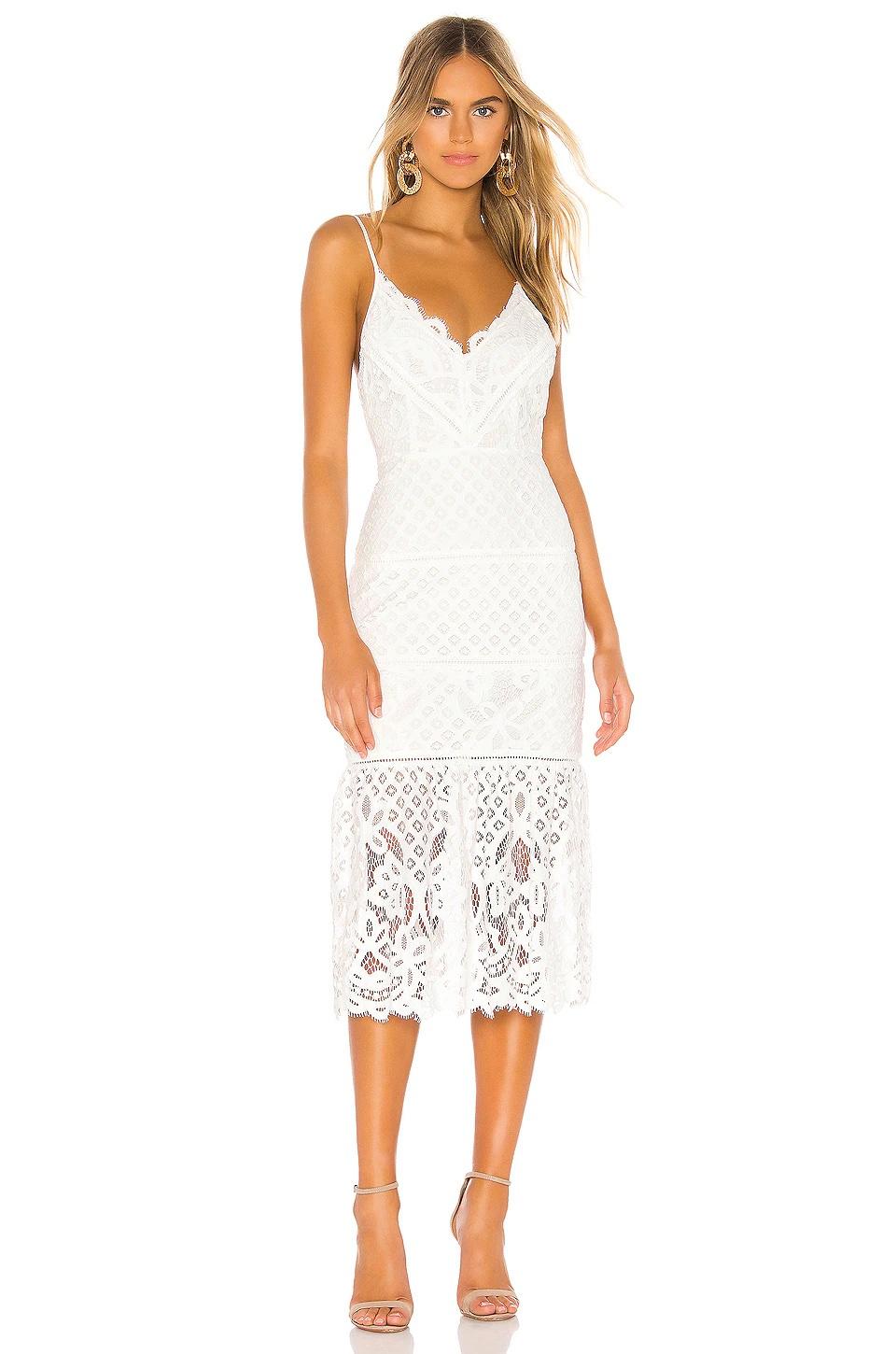 Column midi dress with floral lace at bottom