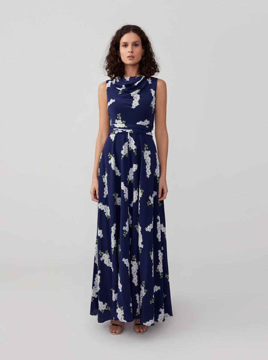 Pretty navy floral print formal maxi fall wedding guest dress