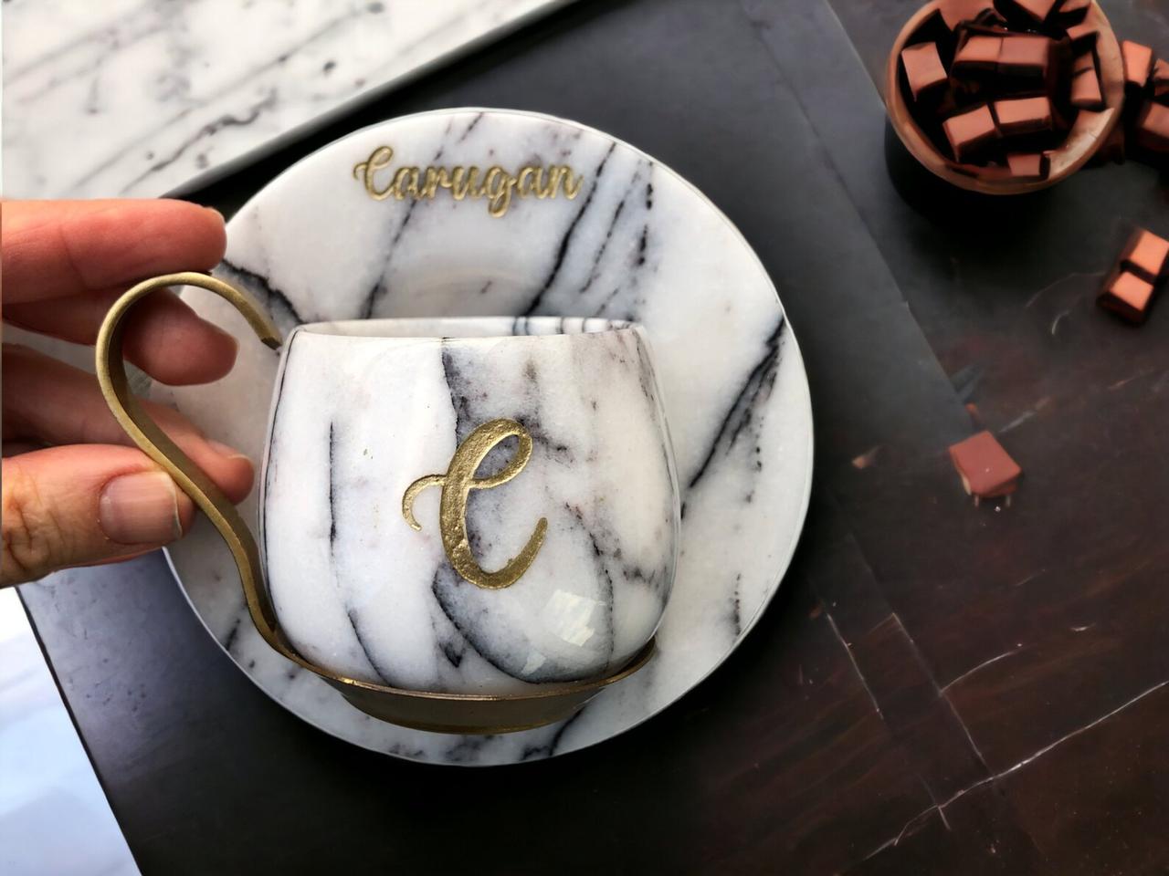marble mug with custom gold lettering