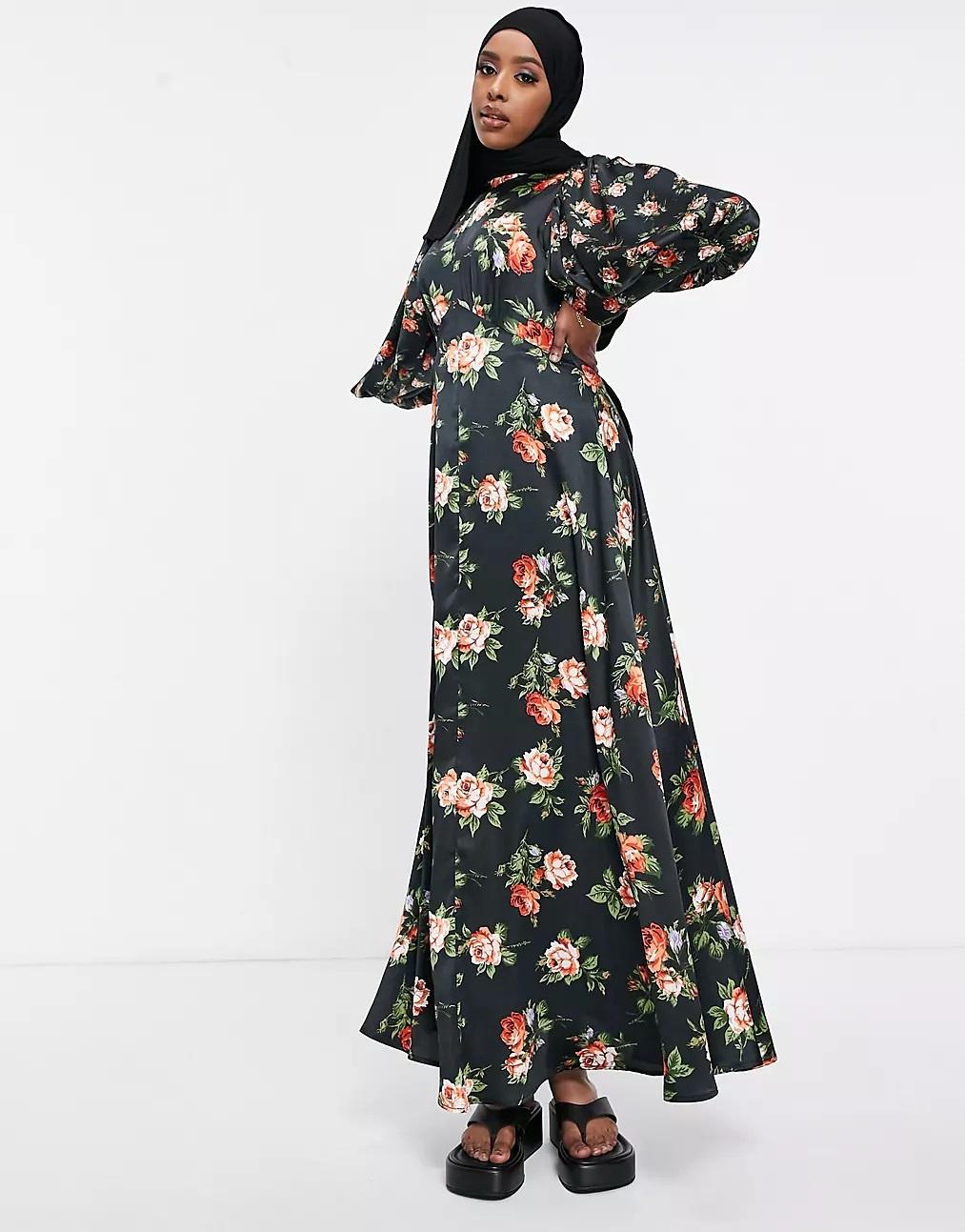 Rose print on black background maxi fall wedding guest dress