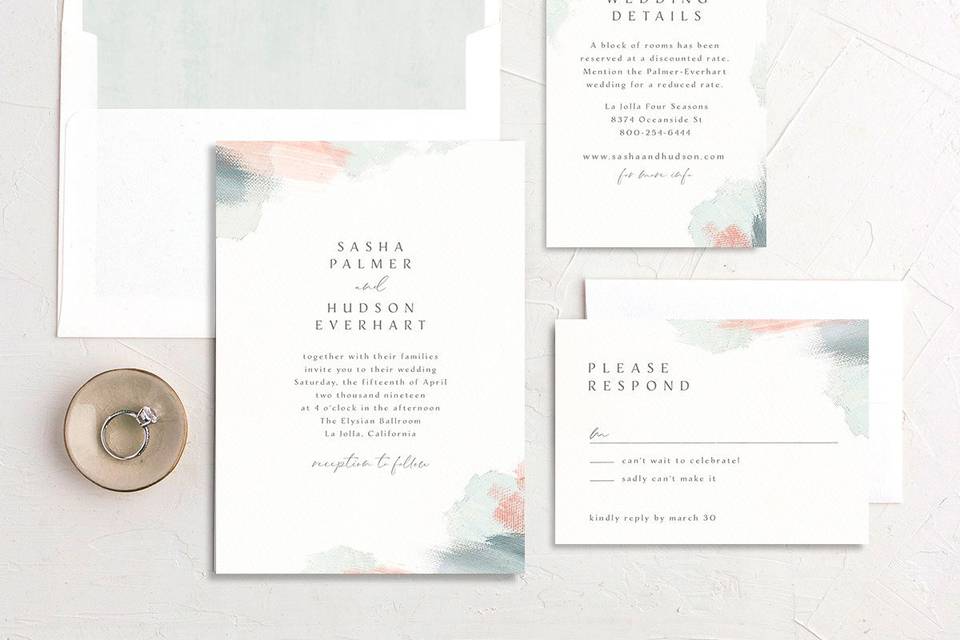 Minimalist watercolor invitation suite from WeddingWire Invitations