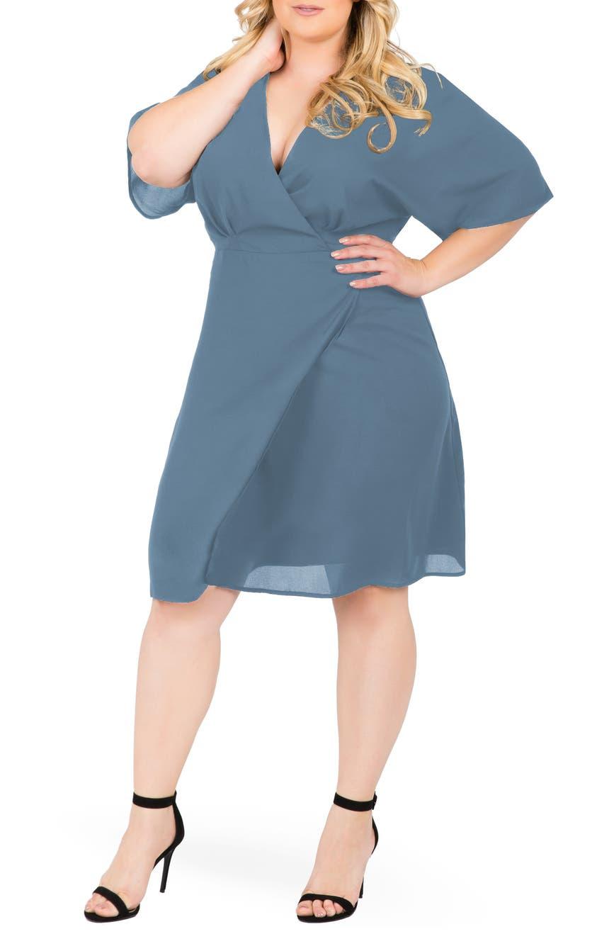 Casual slate blue plus-size wrap dress for fall wedding