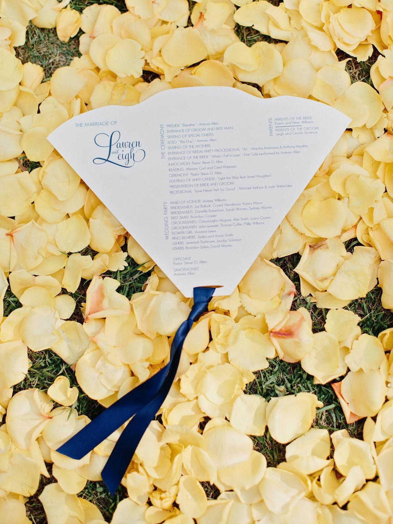 Navy Monogram Wedding Program Fans, Petal Fan Programs, Floral Fan