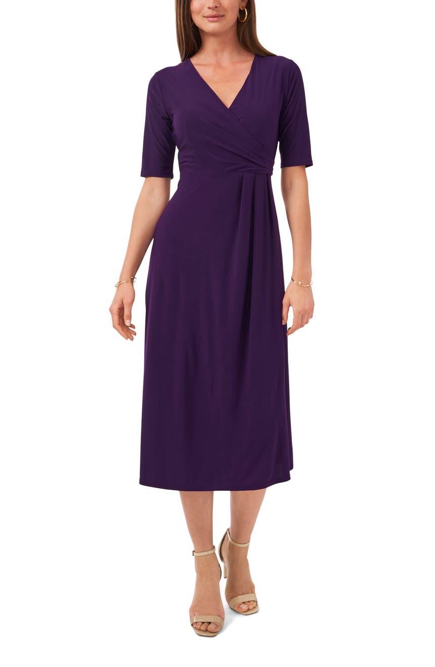 Purple midi dress for fall wedding guest